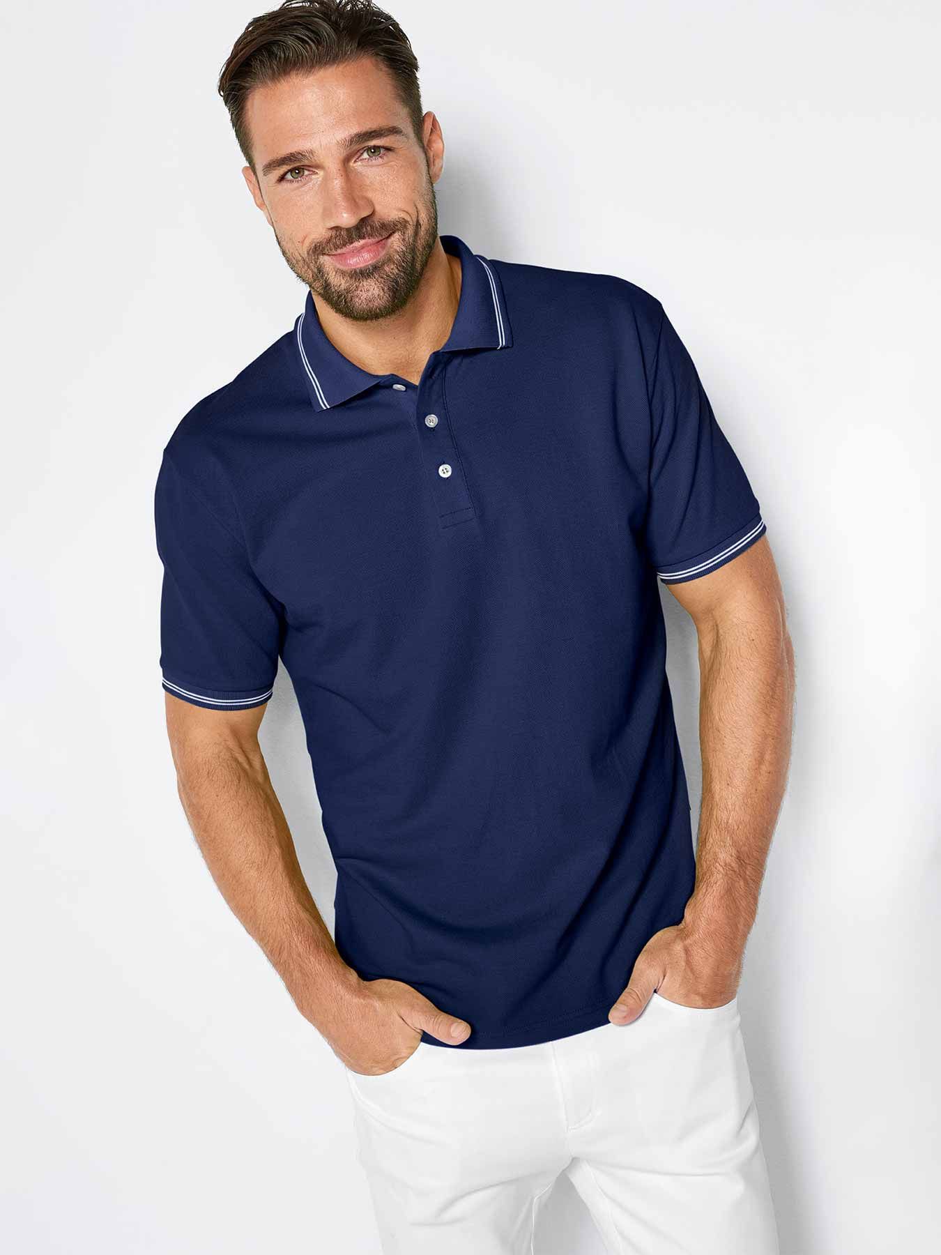 Unisex poloshirt met strepen in de kraag – piqué