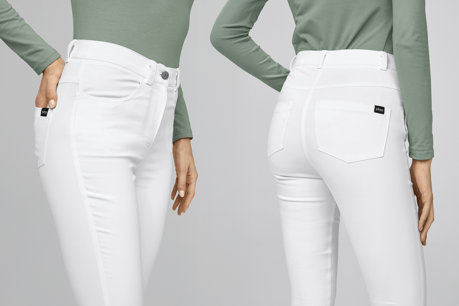 Zijaanzicht en achteraanzicht van een witte stretchbroek van 7days